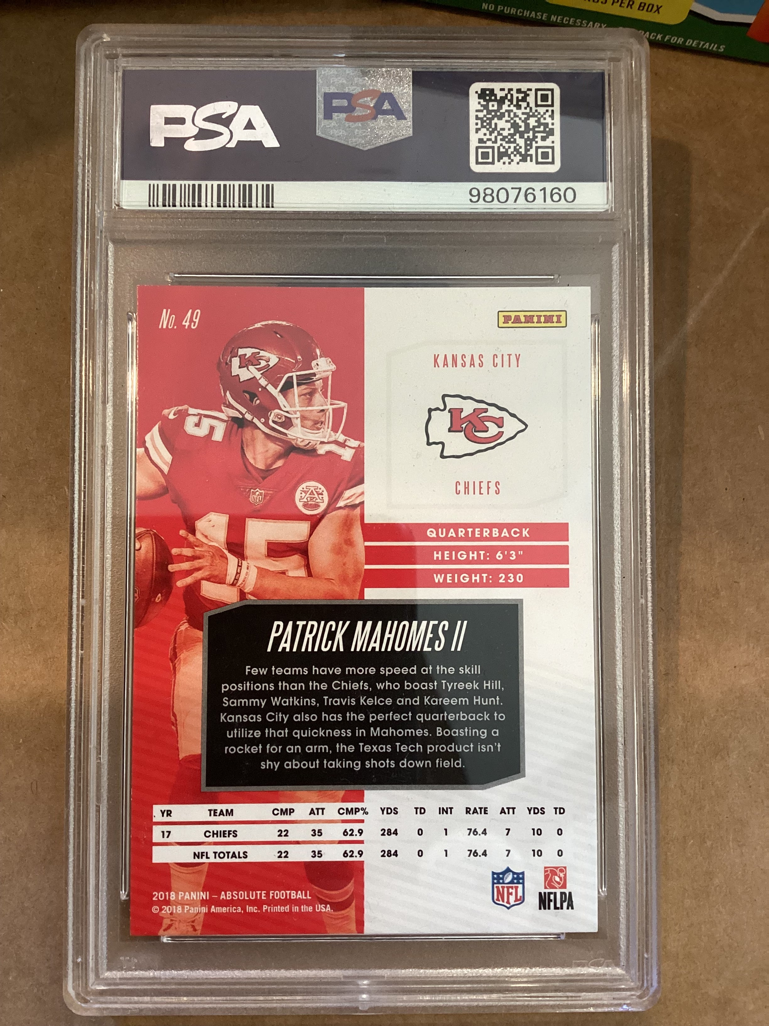 Patrick Mahomes 2018 Panini absolute gold refractor PSA M 9