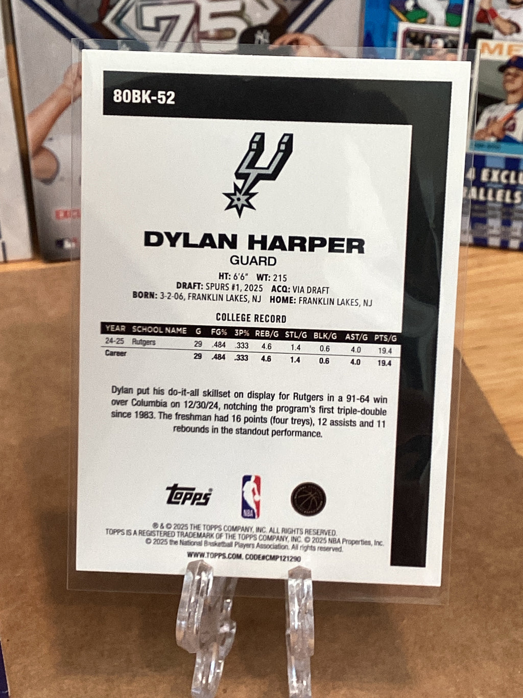2025-26 Topps Dylan Harper Rookie 80BK-52 GM 10